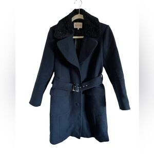 Claudie Pierlot 2020 Navy Wool Faux Fur Trim Pea Coat, size 36